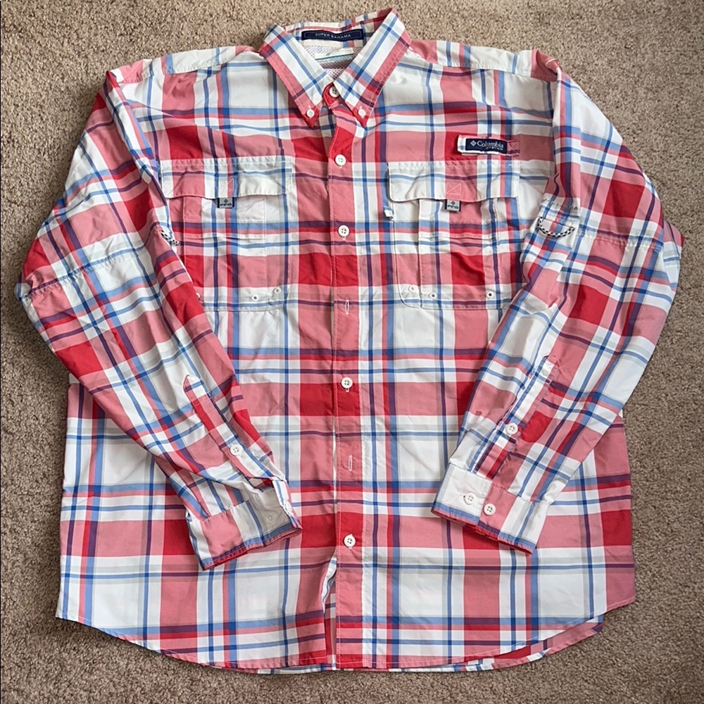 Men's PFG Columbia Red and White Casual Button Down Shirt